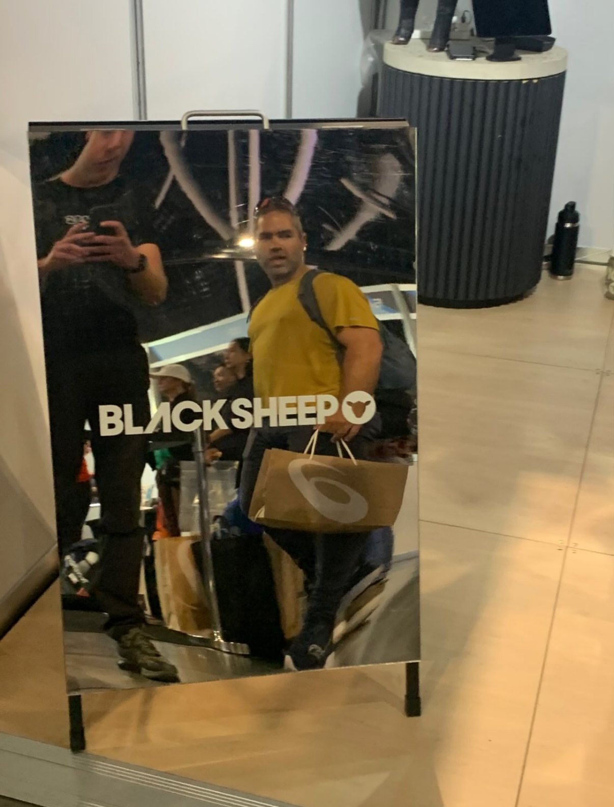 Black Sheep mirror finish A-frame sign at the Sydney Marathon expo, made by Sykes Signs